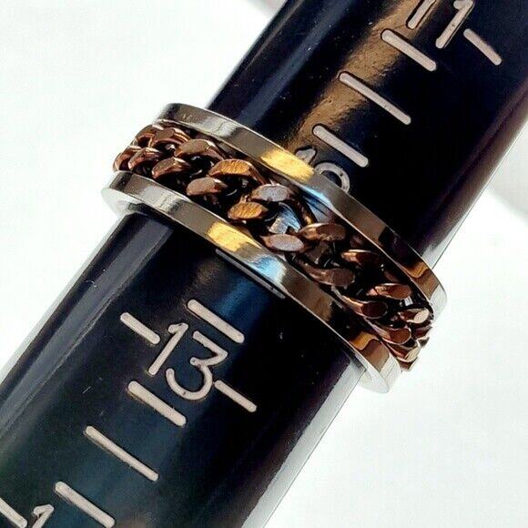 Mens Titanium Ring Sz 12.75 Jewelry Band Coffee Tone Steel Cuban Link Inlay - Picture 2 of 6